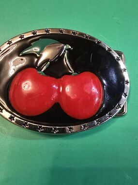 Cherry Motif Oval Belt Buckle - Red/Black